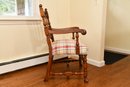 Ornate Banister Back Mahogany Armchair With Plaid Cushion