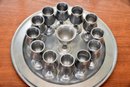 Set Of 12 Miniature Pewter Cordial Drinking Goblets With Under Plate