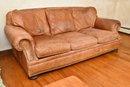 Drexel Heritage Brown Distressed Leather Three Seat Sofa With Nailhead Trim