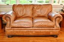 Drexel Heritage Brown Distressed Leather Loveseat With Nailhead Trim