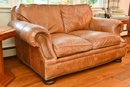 Drexel Heritage Brown Distressed Leather Loveseat With Nailhead Trim