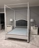 Oly Custom Four Poster Queen Bed With Soft Grey Velvet Cushion Headboard