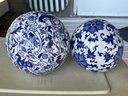 Pair Of Decorative Blue & White Ceramic Spheres
