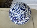 Pair Of Decorative Blue & White Ceramic Spheres