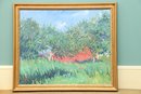 Signed Acrylic Painting Of Orchard And Barn In Gold Frame