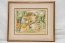 Signed Watercolor Abstract Village In Gold Frame
