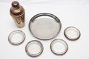 Silver Plate Bar Ware Set Including Sterling Silver Ring Coasters