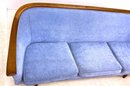 Modernist Teak Sofa Couch. Wedgwood Blue Fabric.