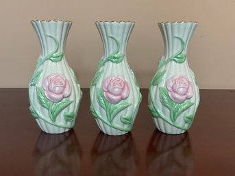 Trio Of Lenox Vases With Pink Roses New In Boxes