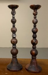 Pair Of Large Pair Of Large Distressed Candlestick Holders