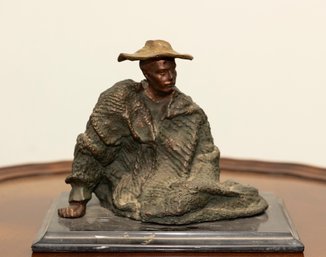 Sitting Peasant Mexican Sculpture On Stone Base
