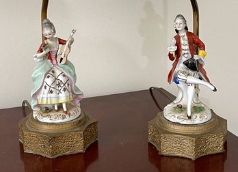 Meisen Style Porcelain Victorian Lamps With Brass Base