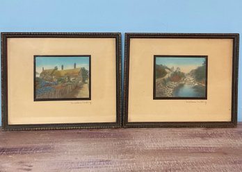 Pair Of Vintage Signed Wallace Nutting Miniatures Hand-tinted Photographs