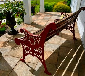 Vintage Garden Bench - Beautiful Red Cast Iron Sidearms - Wooden Back/Seat  - Wood In Need Of Some TLC