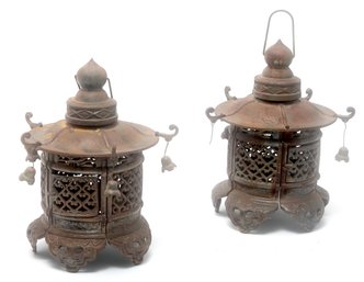 Antique Japanese Cast Iron Candle Lanterns - A Pair