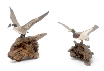 Carved Mallard And Goose On Driftwood -2 Pcs