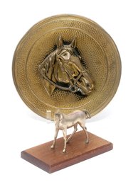Brass Horse Round Plaque And One Mounted Brass Horse