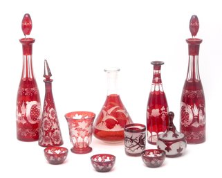 19th Century Pair Egermann Bohemian Czech Ruby Glass Decanters And More