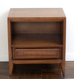 Mid Century Walnut And Cane Front Nightstand