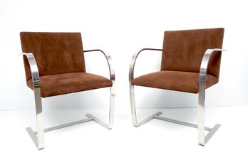 Pair Of Mies Van Der Rohe BRNO Flat Bar Brown Suede Armchairs