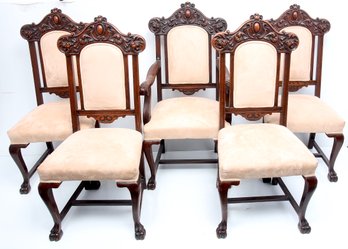 5 Carved Wood And Tan Upholstered Chairs
