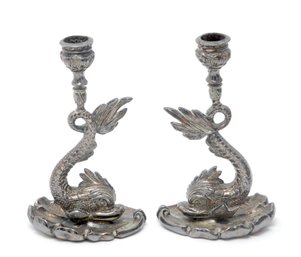 Pair Of Silver Plated Dolphin Candleholders