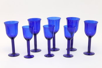 Hand Blown Murano Cobalt Blue Long Stem Glasses- A Set Of 8