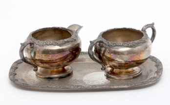 Vintage Rogers Silver On Copper Creamer And Sugar With Underdish