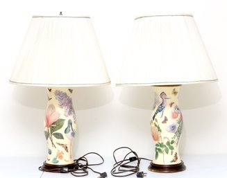 Pair Of Porcelain Hurricane Table Lamps With Wooden Base