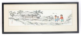 Traditional Chinese Landscape Watercolor With Children