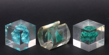 Trio Of Plexiglass Encased Stone Paperweights