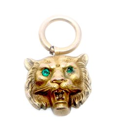 10k Gold Tiger Head Pendant With Green Glass Eyes