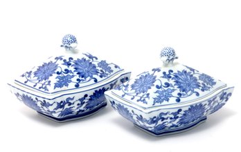 2 Pc  Bombay Blue And White Porcelain Covered Dish