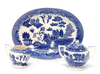 Blue And White Porcelain Platter, Creamer & Sugar Bowl
