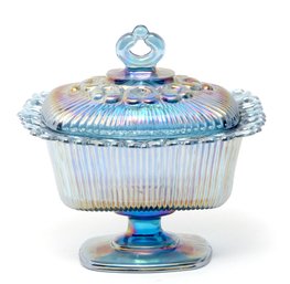 Blue Carnival Glass Covered Dish