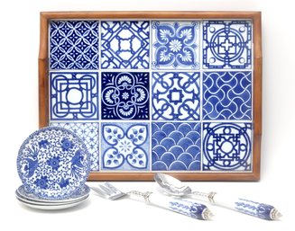 Blue And White Tile Serving Tray With Accessories