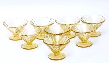 Amber Yellow Etched Depression Glasses- A Set Of 7