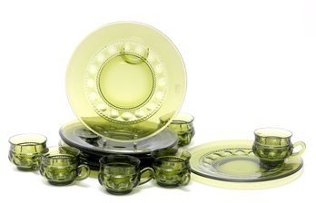 Indiana Thumbprint Green Depression Glass Luncheon Set Of 12