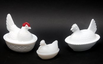 Trio Of  Milk Glass Covered Bowls