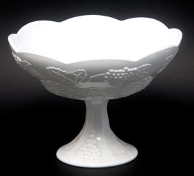 White Milk Glass Grapes & Leaves Pedestal Bowl
