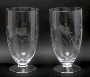 Pair Of Large Floral Etched Glass Vases