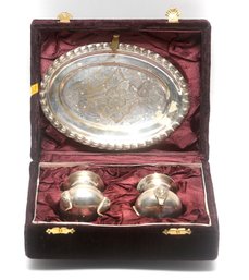 Silver Plate Salt & Pepper Shakers & Tray Set With Box