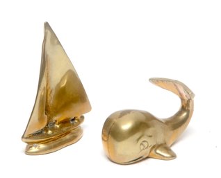 Vintage Solid Brass Whale And Sailboat Paperweights