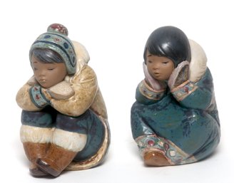 Lladro Pensive Eskimo Boy And Girl  ~ Retired Figurines