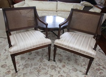 Midcentury Walnut And Cane Back Upholstered Side Chairs