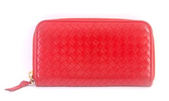 Bottega Veneta Red Intrecciato Woven Nappa Leather Zip Around Wallet