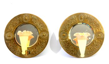 Pair Of Round Gold Mirrors With Candle Holder