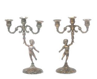 Silver And Brass 3 Light Cherub Candelabras- A Pair