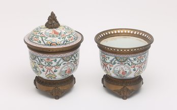 Porcelain Vase & Cover Urns Mounted On Ormolu Brass Base