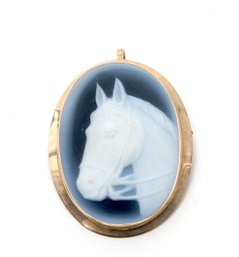 14K Gold & Blue Agate Horse Cameo Charm/pin